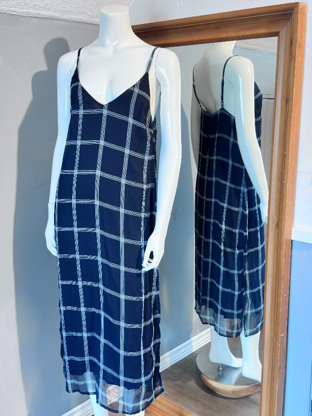 O’Neill Windowpane Check Slip Dress Navy Aqua Spaghetti Strap Medium